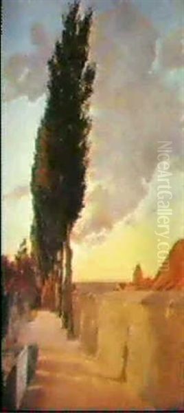 Landskab Med Popler. Semptemberaften. Motiv Fra Kirkegarden I Naestved Oil Painting by Laurits Andersen Ring