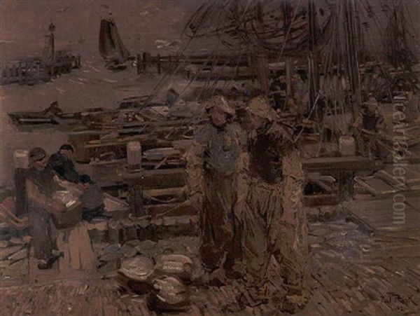 Entladung Des Fangs In Sturmischem Fischerhafen Oil Painting by Paul Rink