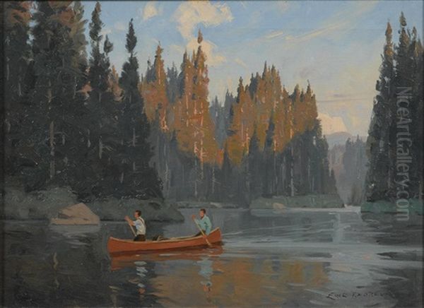 A Lake Scene With With Two Figures Canoeing In The Foreground Oil Painting by Eric John Benson Riordon