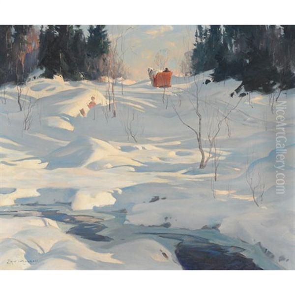 Horse-drawn Sleigh On A Winter Trail Oil Painting by Eric John Benson Riordon