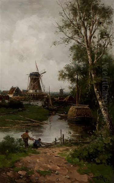 Fishermen Along The Water With A View Of Mills Oil Painting by Willem Cornelis Rip