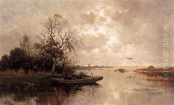 An Angler In A Polder Landscape Oil Painting by Willem Cornelis Rip