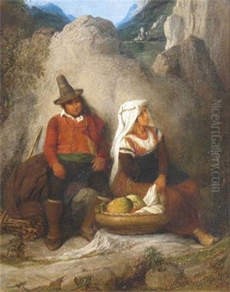 Figures Resting By A Rock Oil Painting by Edward Villiers Rippingille
