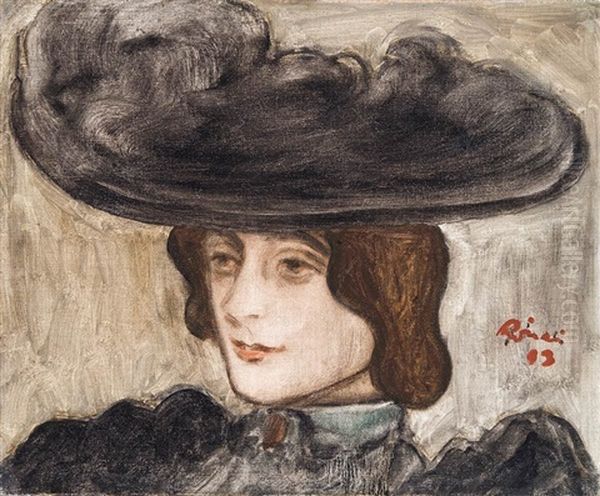 Lady In Black Hat Oil Painting by Jozsef Rippl-Ronai