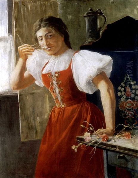 Piros Ruhas Lany Viragokkal (red-dressed Girl With Flowers) Oil Painting by Jozsef Rippl-Ronai