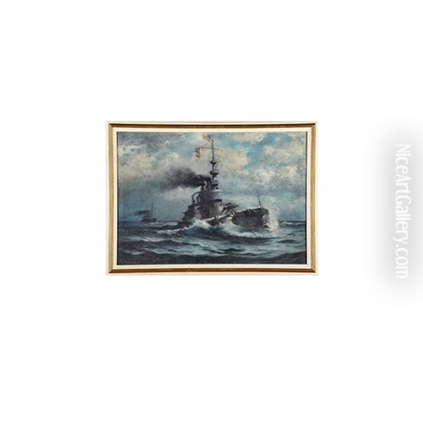 Three Works Of Art: Untitled (maritime Scene Depicting Uss Oregon) Oil Painting by William Frederick Ritschel