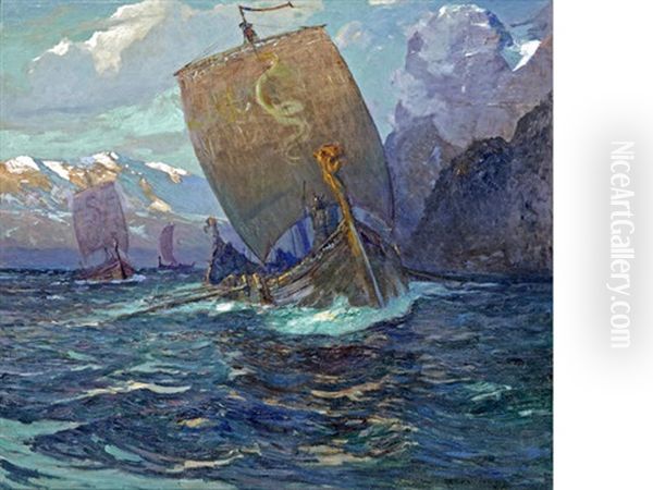 Vikings In The Glow Of The Midnight Sun Oil Painting by William Frederick Ritschel