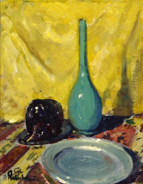 Still Life, Green Bud Vase, Plate And Eggplant On A Patterned Cloth Oil Painting by William Frederick Ritschel