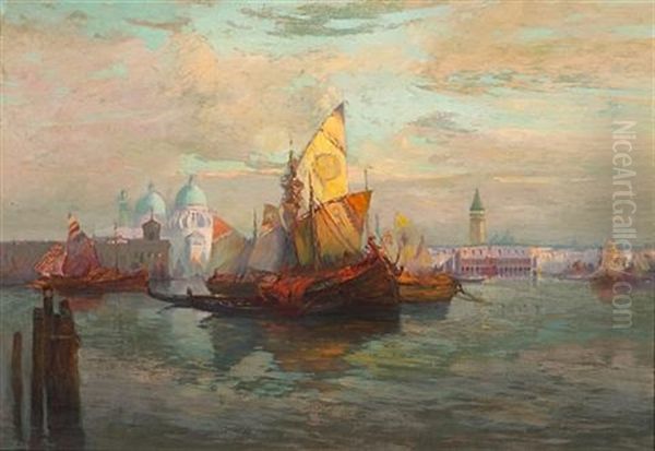 Boats In A Canal With Santa Maria Della Salute And The Doge's Palace Beyond Oil Painting by William Frederick Ritschel