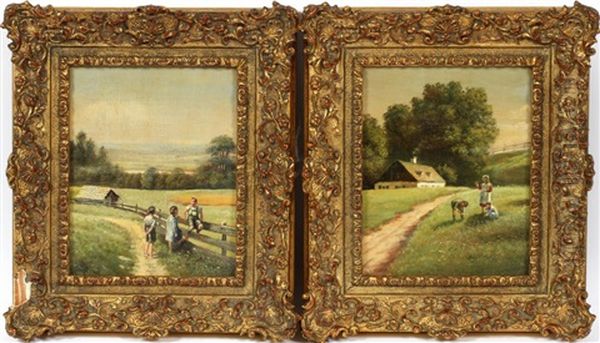 Three Children In Meadow, Pair Oil Painting by Rudolf Ritter