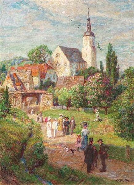 Der Spaziergang. Sonntagsgesellschaft Auf Den Sommerlichen Feldern Vor Einem Sachsischen Dorf Oil Painting by Wilhelm Georg Ritter