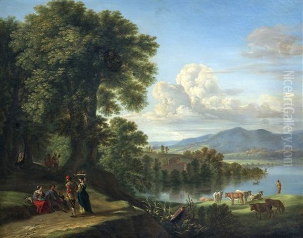 Paysage Compose, Par Une Matinee Nuageuse: Deux Couples De Paysans En Conversation Sur Un Chemin Courbe, Sous Un Grand Chene; Au Second Plan, Un Troupeau De Bovins Au Repos Au Bord D'un Lac Paisible; Au Loin, Une Ville Oil Painting by Pierre Louis De La Rive