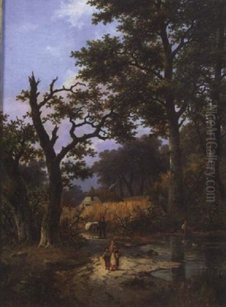 Figures On A Road In A Wooded Landscape Oil Painting by Leopold Rivers