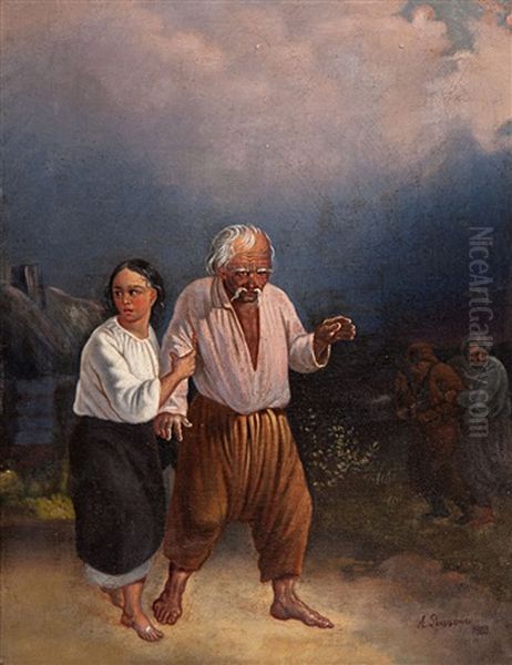 Young Girl And Blind Beggar Oil Painting by Alexander Rizzoni