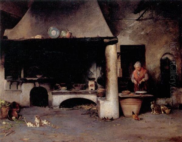 Kokkeninterior Med Gammel Kone Og Katte Oil Painting by Alexander Rizzoni