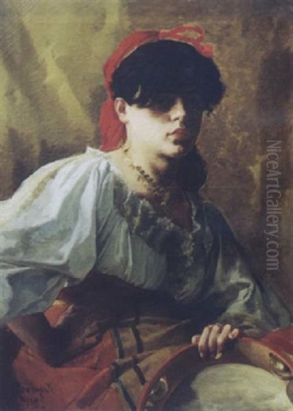 Jeune Orientale Au Foulard Rouge Et Au Tambourin Oil Painting by Alcide Theophile Robaudi