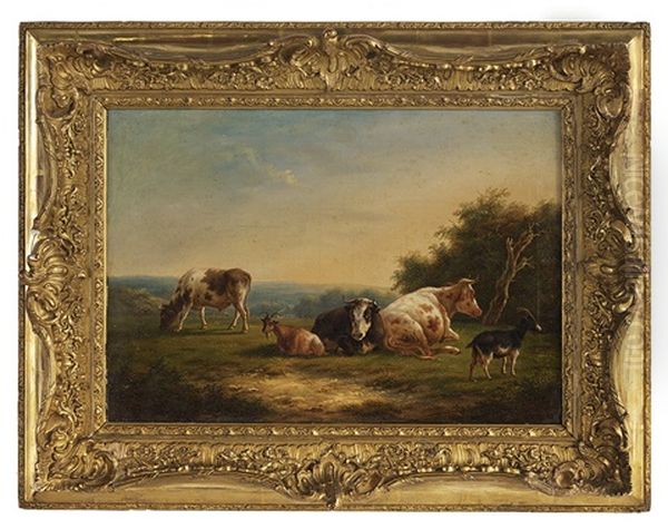 Cattle And Sheep In The Pasture Oil Painting by Louis Marie Dominique Romain Robbe