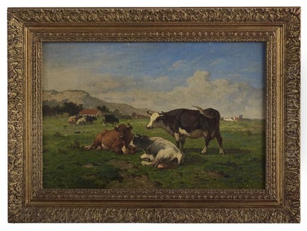 Cattle In A Valley Pasture Oil Painting by Louis Marie Dominique Romain Robbe