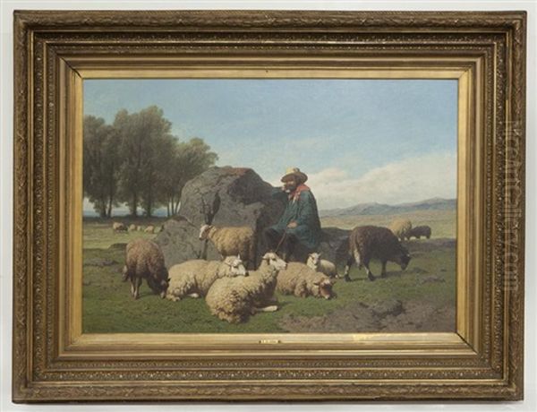 Shepherd With His Flock Oil Painting by Louis Marie Dominique Romain Robbe