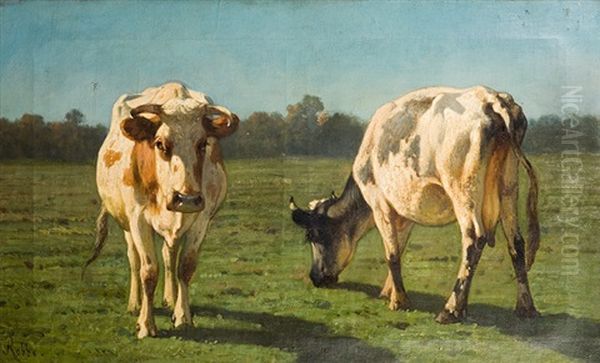 Deux Vaches Dans La Prairie Oil Painting by Louis Marie Dominique Romain Robbe