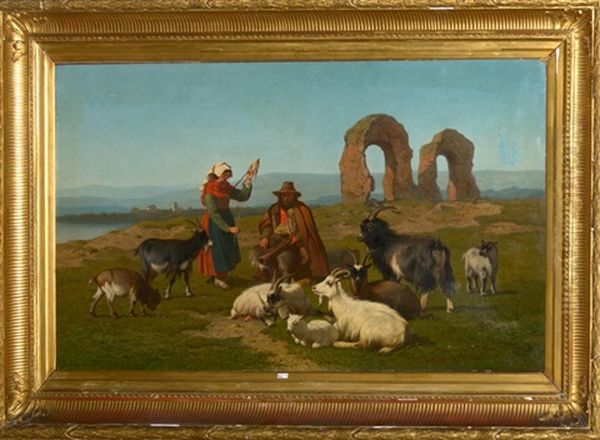 Couple De Bergers Italiens Et Leur Troupeau Dans Des Ruines En Bord De Mer Oil Painting by Louis Marie Dominique Romain Robbe