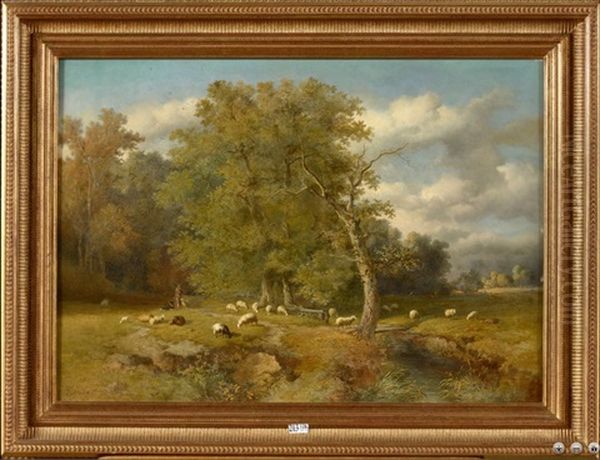 Berger Et Son Troupeau Au Bord Du Ruisseau Oil Painting by Louis Marie Dominique Romain Robbe