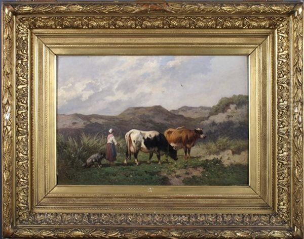 Bergere Et Vaches Dans Les Dunes Oil Painting by Louis Marie Dominique Romain Robbe