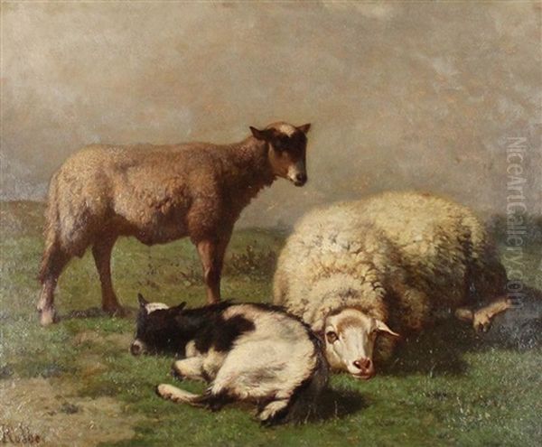 Sheep And Goat In A Landscape Oil Painting by Louis Marie Dominique Romain Robbe