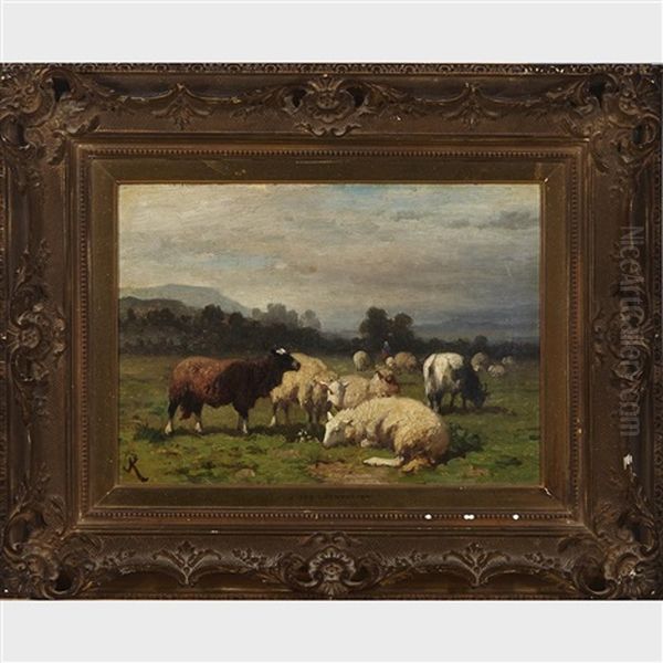 Sheep Grazing And At Rest Oil Painting by Louis Marie Dominique Romain Robbe