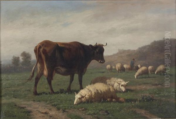 Schafherde Und Kuh In Landschaft Oil Painting by Louis Marie Dominique Romain Robbe
