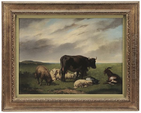 Pastoral Landscape With Sheep, Cows, And Goats Oil Painting by Louis Marie Dominique Romain Robbe