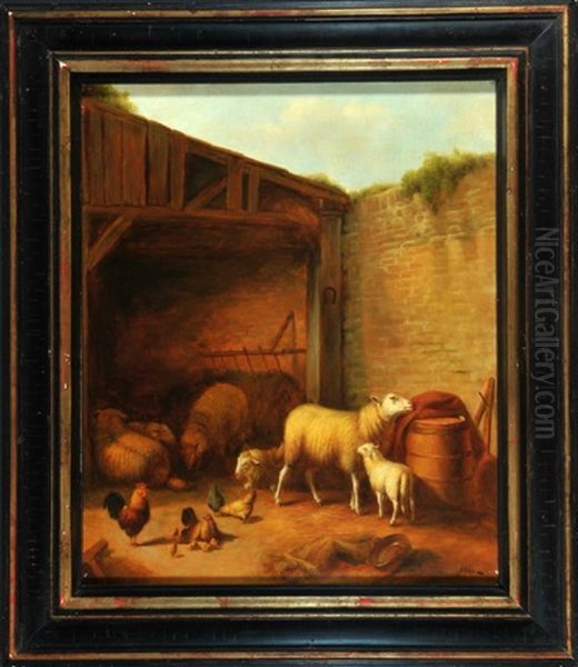 Schafe Und Huhner Im Stall Oil Painting by Louis Marie Dominique Romain Robbe