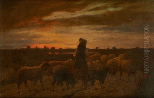 La Rentree Du Troupeau Au Crepuscule Oil Painting by Louis Marie Dominique Romain Robbe