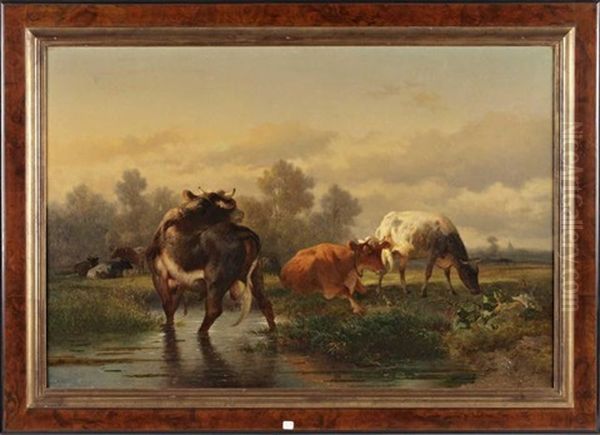 Taureau Et Vaches Au Pre Oil Painting by Louis Marie Dominique Romain Robbe