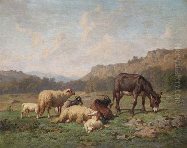 Ane, Moutons Et Boucs Devant Un Paysage Accidente Oil Painting by Louis Marie Dominique Romain Robbe