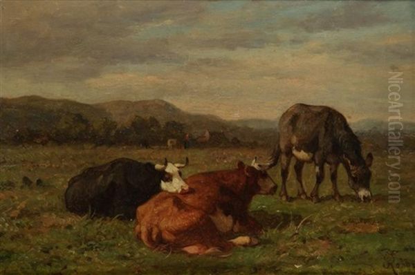 Vaches Au Pre - Brebis A L'etable (2 Works) Oil Painting by Louis Marie Dominique Romain Robbe