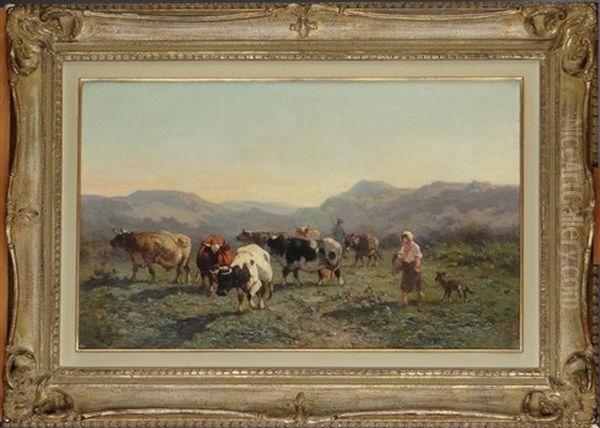 Couple De Bergers Et Vaches Oil Painting by Louis Marie Dominique Romain Robbe