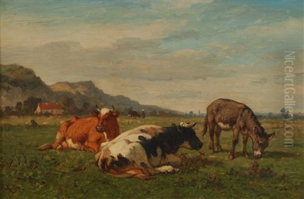 Vaches Et Ane Au Paturage Oil Painting by Louis Marie Dominique Romain Robbe