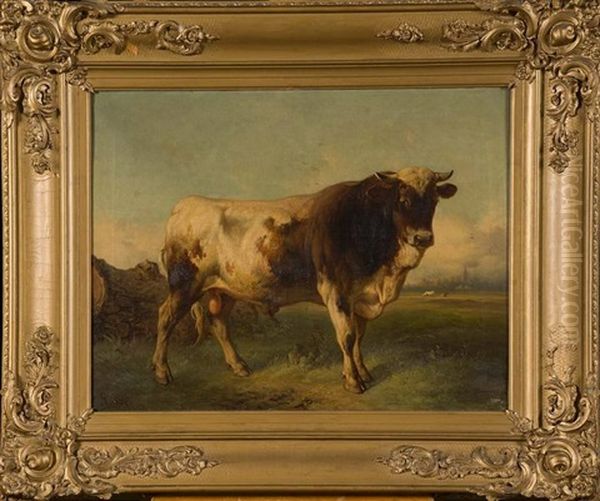 Taureau Au Pre Oil Painting by Louis Marie Dominique Romain Robbe