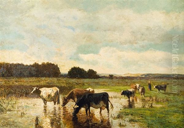 Vaches Pres De L'abreuvoir Oil Painting by Louis Marie Dominique Romain Robbe