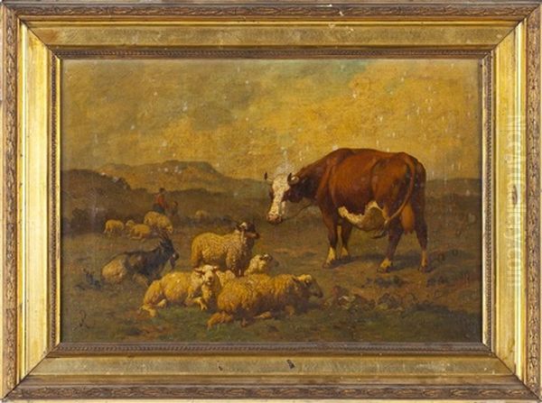 Sheep & Cow Oil Painting by Louis Marie Dominique Romain Robbe