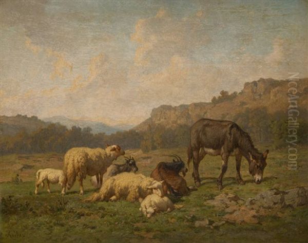 Moutons, Chevres Et Ane Oil Painting by Louis Marie Dominique Romain Robbe