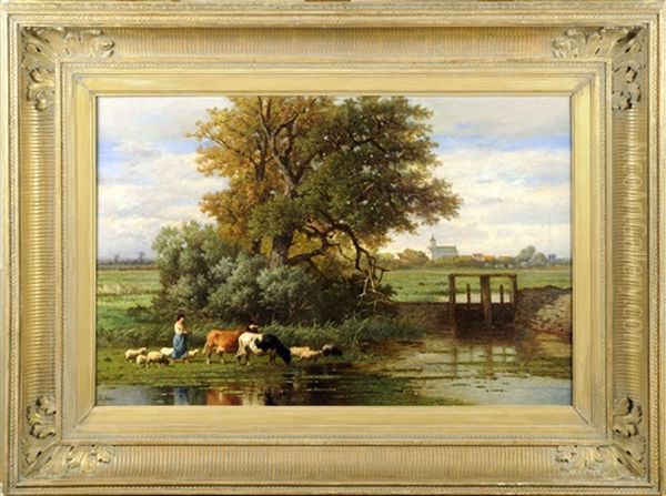 Bergere Et Troupeau Oil Painting by Louis Marie Dominique Romain Robbe