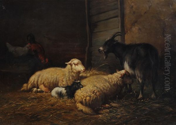 Sheep, Goats And Chickens In A Barn Oil Painting by Louis Marie Dominique Romain Robbe