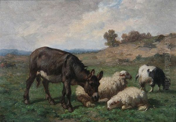 Paysage Accidente Anime D'un Ane Et De Moutons Oil Painting by Louis Marie Dominique Romain Robbe