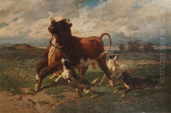 Chiens Poursuivant Un Taureau Echappe Oil Painting by Louis Marie Dominique Romain Robbe