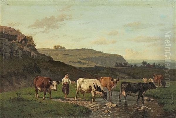 Weite Landschaft Mit Hirtin Und Herde An Einem Bach Oil Painting by Louis Marie Dominique Romain Robbe