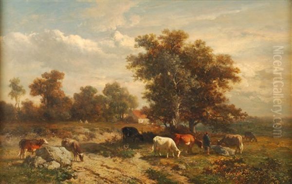 Vacher Et Son Troupeau Dans Un Paysage Oil Painting by Louis Marie Dominique Romain Robbe
