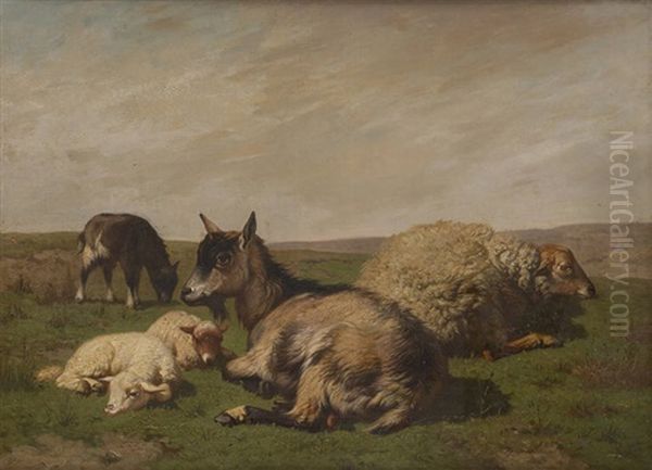 Bouc Et Moutons Sur Fond De Paysage Oil Painting by Louis Marie Dominique Romain Robbe
