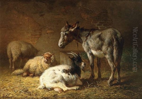 Stallinterieur Mit Esel, Ziege Und Schafen Oil Painting by Louis Marie Dominique Romain Robbe